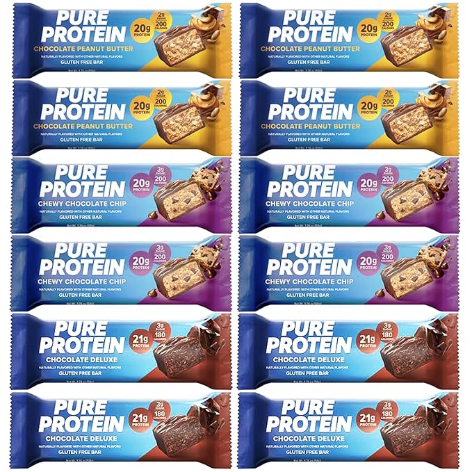 Pure Protein Bars High Protein Nutritious Snacks to Support Energy Low Sugar Gluten Free 4 pcs Chocolate Peanut Butter 4 pcs Chocolate Deluxe 4 pcs Chewy Chocolate Chip