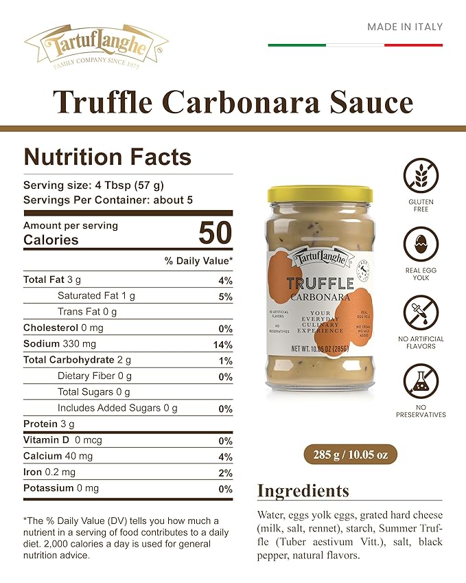 TartufLanghe Black Truffle Carbonara Sauce - Creamy Pasta Sauce with Egg Yolk Cheese and Summer Black Truffle From Italy Authentic Italian Food No Preservatives - 10.05 oz