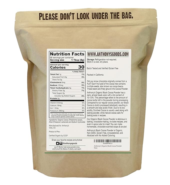 Anthony's Organic Black Cocoa Powder 1 lb Unsweetened Dutch Processed Gluten Free Non GMO
