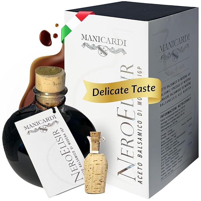 MANICARDI Traditional Balsamic Vinegar of Modena PGI - Black Elisir with Drip-Stop Dispenser Perfect for Snacks Pasta Vegetables Salad Dressings Meat - Made in Italy 8.45 Fl Oz (250 ml)