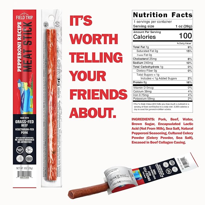 Field Trip Grass Fed Pepperoni Jerky Snack Sticks Keto Paleo Gluten Free Allergy Friendly Snack High Protein 100 Calorie Snack 1oz 24 Pack