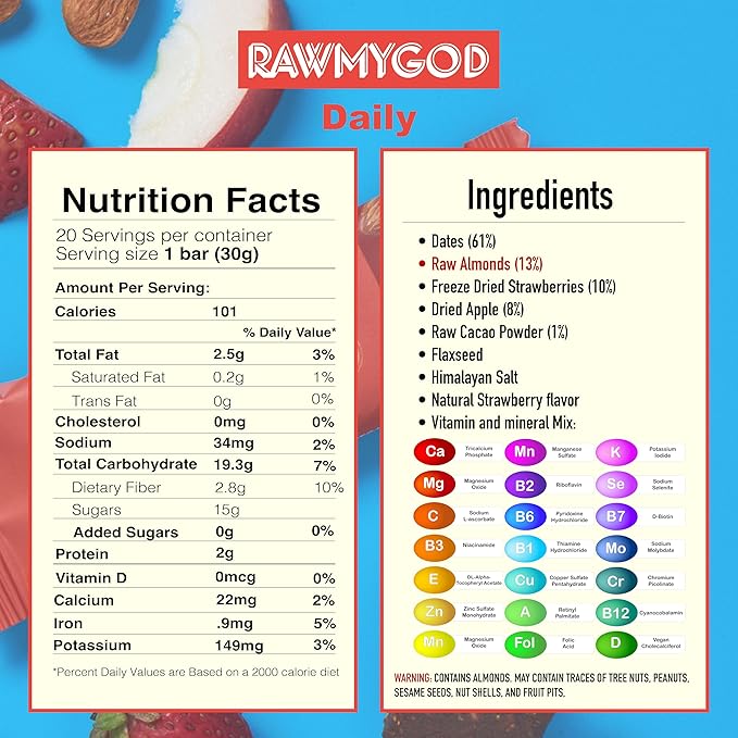 RAWMYGOD Fruit and Nut Bars Gluten Free Vegan No Added Sugar (20 bars Daily)