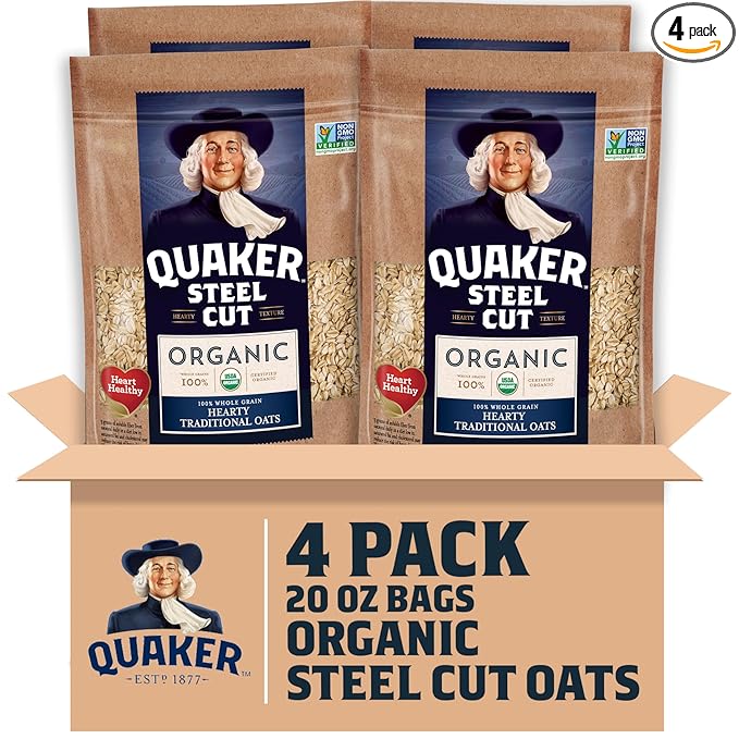 Quaker Steel Cut Oats USDA Organic Non GMO Project Verified 20oz Resealable Bags (Pack of 4)