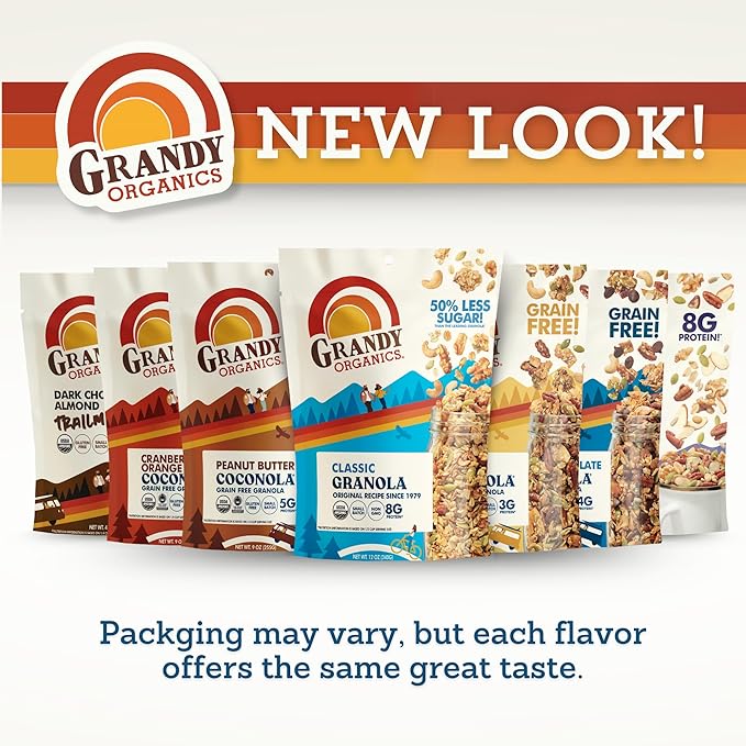 Grandy Organics Classic Granola Certified Organic Granola Cereal Low Sugar - Made with Oats Pumpkin Seeds Walnuts and Cashews 12oz Bags Bulk Pack of 3