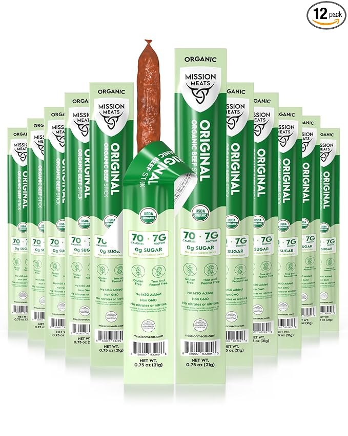 Mission Meats 100% Certified Organic Beef Sticks – Pasture-Raised Zero Sugar Non-GMO Healthy Individually Wrapped Meat Sticks Snack 0.75oz (12ct)