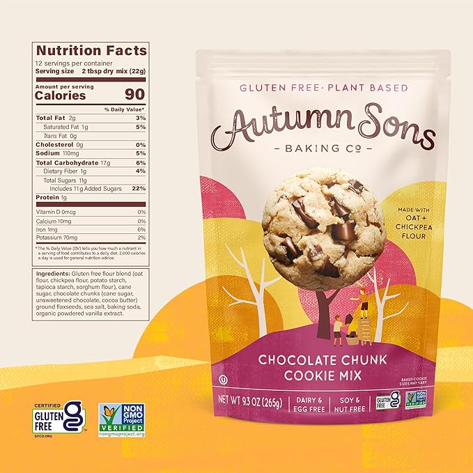 Autumn Sons Baking Co. Gluten Free Chocolate Chunk Cookie Mix. Vegan Plant Based Baking Mix. Top 9 Allergen Free. Dairy Free Nut Free Soy Free Non GMO 9.3 oz (Pack of 3)