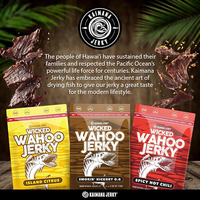 Wahoo Ono Fish Jerky Variety Sampler- Smokin' Hickory O.G Island Citrus &amp Spicy Chili - Organic Gourmet Smoked Fish Strips Rich in Omega-3 &amp Protein Low-Calorie Low Sodium &amp Sugar- 9