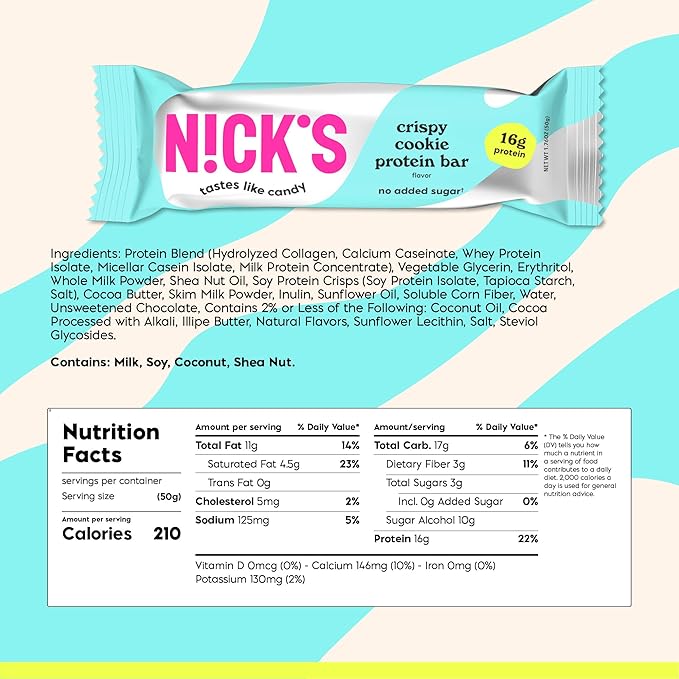 Nick’s Protein Bars Crispy Cookie Chocolate – 12-Count Box | High Protein Low Calories Low Carbs Keto Friendly No Added Sugar (12 bars x 50g)