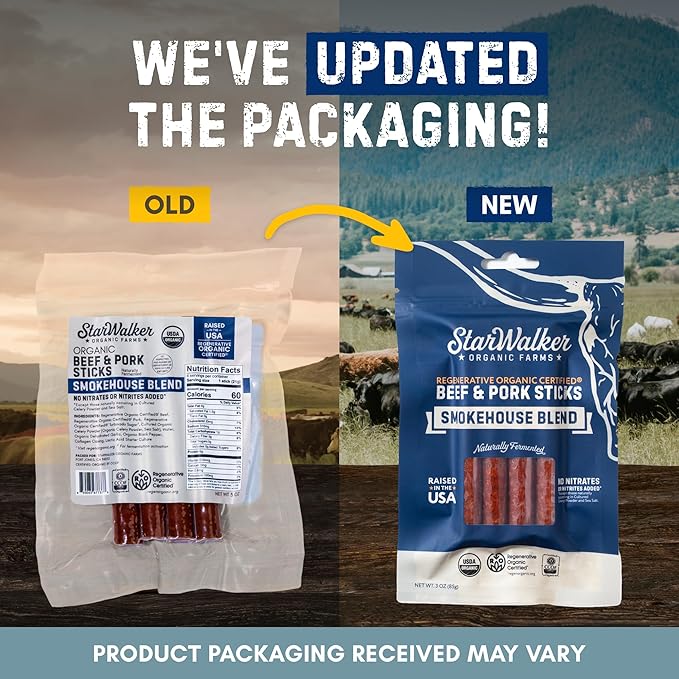 StarWalker Regenerative Organic® Beef and Pork Snack Sticks 4-Pack – 3 oz Each 50+ Years Organic Farming Grass-Fed Beef No Sugar No Nitrates Keto Clean Protein Snack