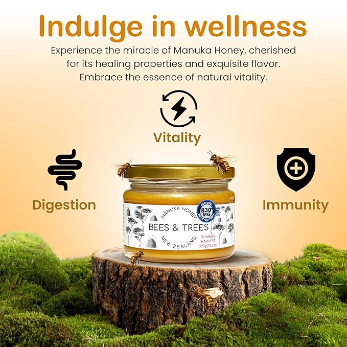 Bees &amp Trees Manuka Honey 830+ MGO - Raw Pure New Zealand Monofloral Honey – Unpasteurized &amp Natural Unfiltered Manuka for Tea Coffee Dressings Smoothies &amp Daily Use – Glass Jar 300g (