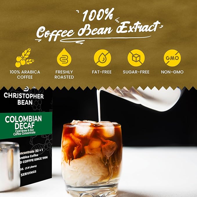 Christopher Bean Coffee - 396 servings 30 to 1 Blend Bag in Box Liquid Instant Coffee or Cold Brew Coffee Concentrate - Hot or Iced Coffee - Decaf Colombian