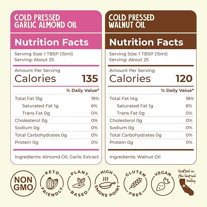 Fresh Vintage Farms Nut Bundle 100% Cold Pressed Walnut &amp Garlic Almond Cooking Oils | Cold Pressed &amp Nutritious Healthy Oils for Cooking Baking Dipping Salads &amp Marinades | 375ml Pac