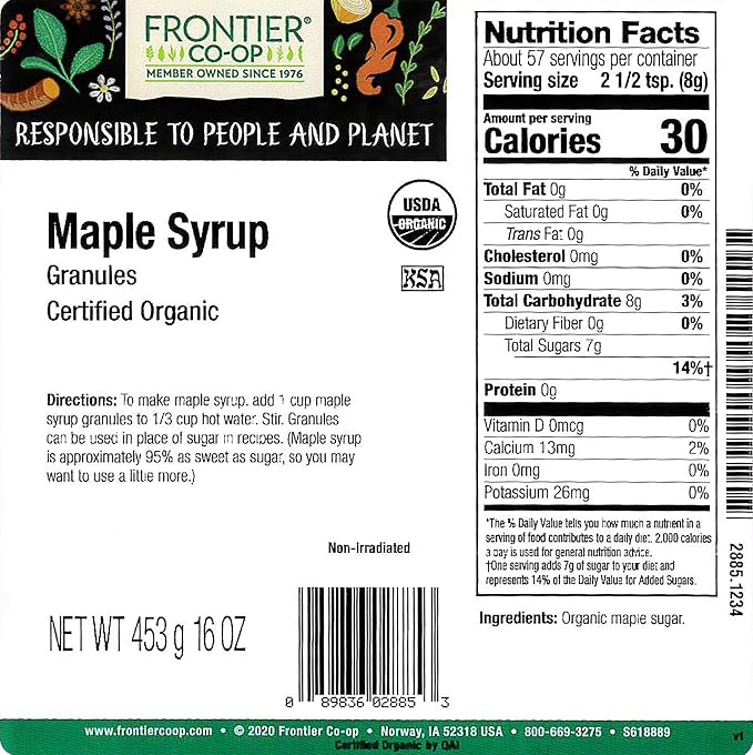 Frontier Co-op Maple Syrup Granules Certified Organic Kosher | 1 lb. Bulk Bag