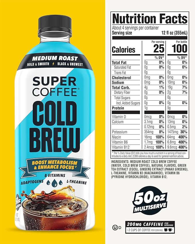 SUPER COFFEE Cold Brew Iced Keto Coffee (0g Added Sugar 25 Calories) [Dark Roast] 50 Fl Oz 6 Pack | Smart Coffee Drinks - SoyFree GlutenFree