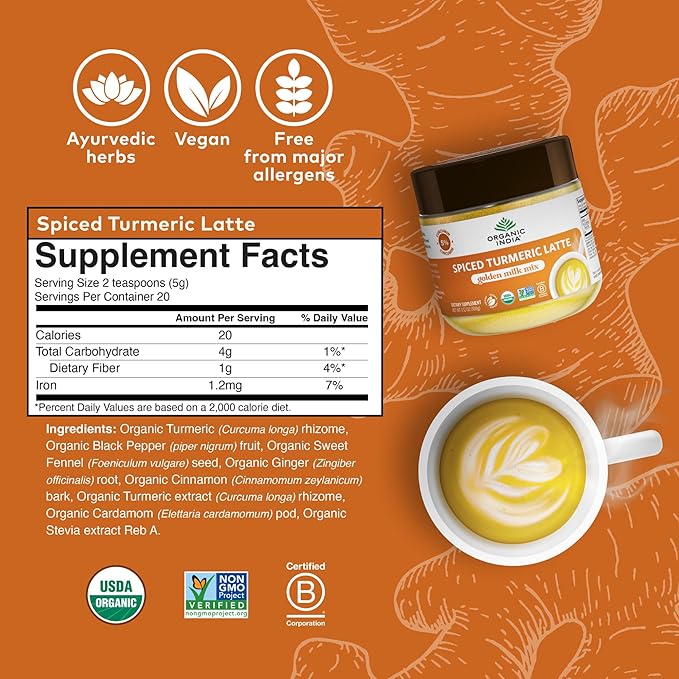 Organic India Spiced Turmeric Latte Powder - Golden Milk Mix Authentic Blend Gold Tea Drink With Ginger and Cinnamon Vegan Ayurvedic Herbs Caffeine Free Zero Added Sugar - 3.52 Oz
