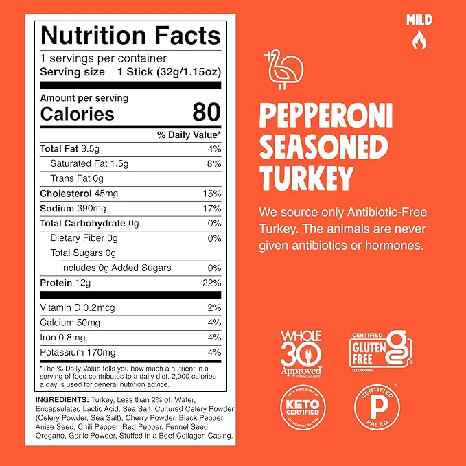 Chomps Pepperoni Turkey Jerky Meat Snack Sticks 10-Pack - Keto Paleo Low Carb Whole30 Approved 12g Lean Meat Protein Gluten Free Antibiotic Free Zero Sugar Food