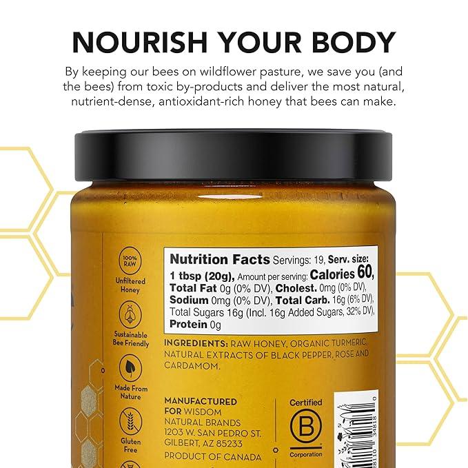Drizzle Turmeric Gold Raw Honey - All Natural Pure Raw Honey with Organic Turmeric Unfiltered Use in Tea Golden Milk &amp Coffee Sugar Substitute Certified Kosher - 13.2 oz Jar (375 g)