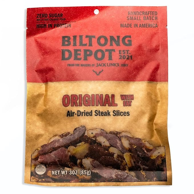 Biltong Depot Original Beef Biltong Slices with Fat Bundle - 3oz (3 Pack) | Air-Dried Beef Jerky Snack | High Protein | Zero Sugar | Keto &amp Paleo Friendly | Gluten Free | No Artificial Preservativ