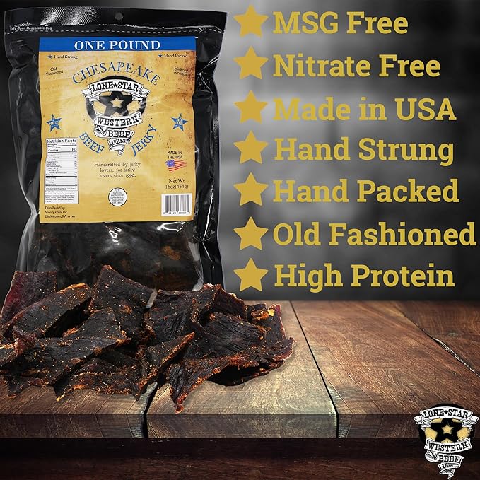 Lone Star Chesapeake Bay Flavored Beef Jerky - 1 Pound Resealable Bag - Hickory Smoked Handcrafted Flavor - High Protein Healthy Meat Snack
