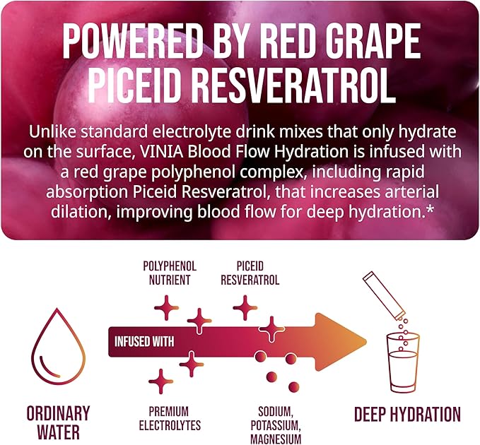 VINIA Resveratrol Electrolyte Hydration Powder Mix | Boost Blood Flow &amp Circulation | Sea Salt Coconut Water Potassium Magnesium Informed Sport Certified (30 Sticks Fruit Punch)