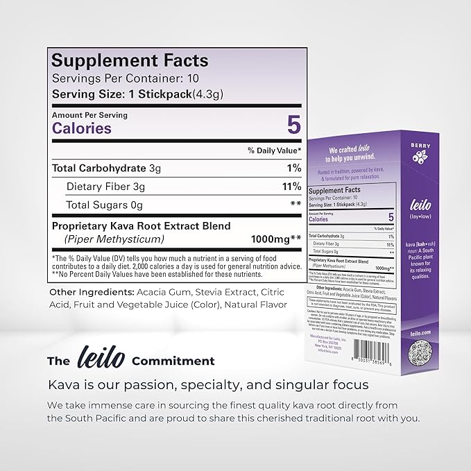 Leilo | Calming Kava Drink Mix | Berry 10 Stick Packs (Plant-Based Relaxation Powder Non-Alcoholic Sugar-Free Herbal Supplement)