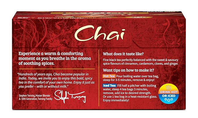 Twinings Chai Black Tea Individually Wrapped Bags 50 Count (Pack of 6) Sweet Savoury Spices Caffeinated Enjoy Hot or Iced 300 Teabags
