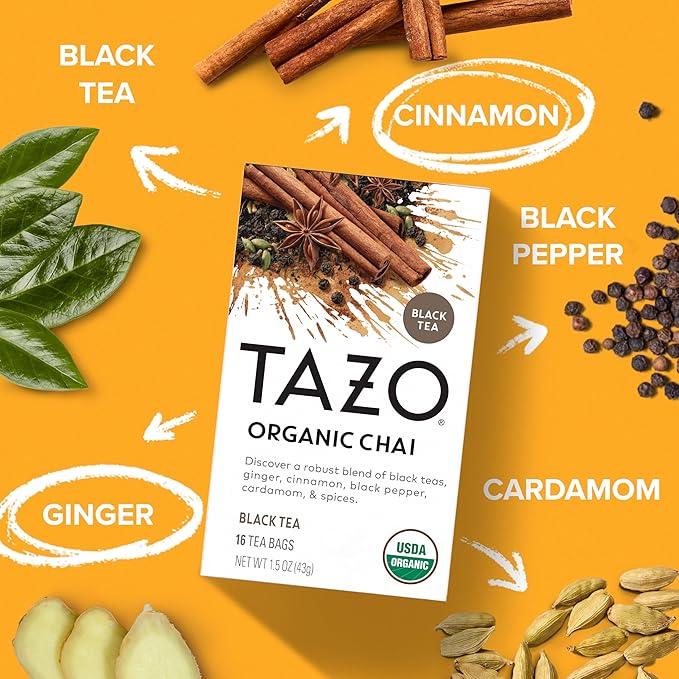 TAZO Organic Chai Black Tea Bags Blend of Black Teas Ginger Cinnamon Black Pepper &amp Cardamom 96 Total Tea Bags (16ct - Pack of 6)