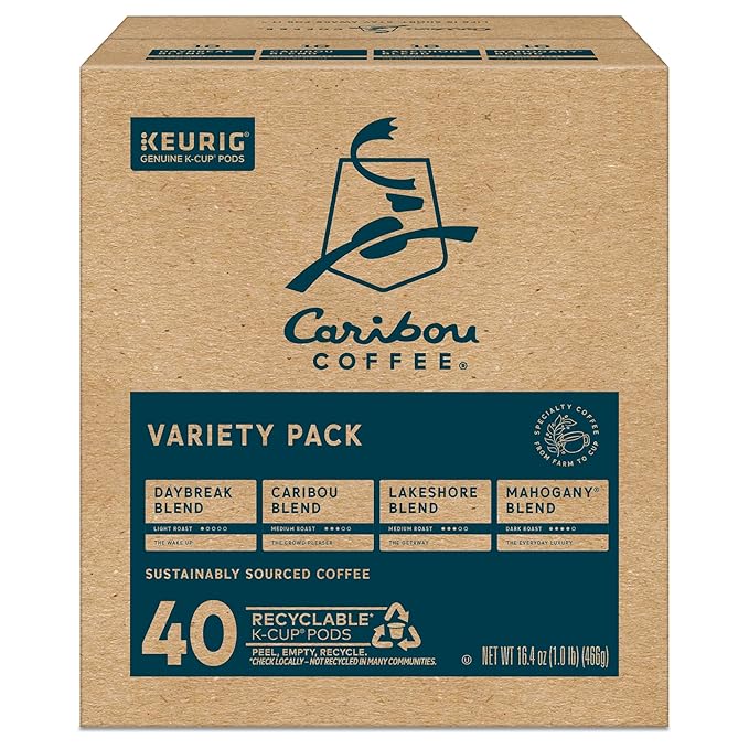 Caribou Coffee Single Serve Keurig K-Cup Pod Variety Pack Light Medium and Dark Roast Coffees 40-Count Box(Pack of 1)