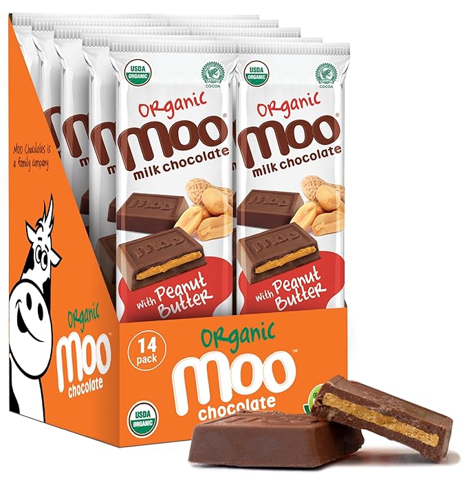 Moo Chocolates Organic Milk Chocolate Large Bars with Peanut Butter 1.4 oz 14 ct (Pack of 1) | USDA Organic Non-GMO | 110 Calorie Snacks for On-the-Go Lunchboxes Office