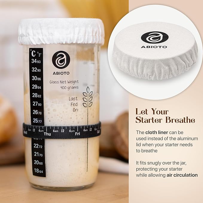 Sourdough Starter Kit Includes 24 oz Sourdough Starter Jar with Metallic Lid Silicone Spatula Feeding Tracker Extra Thermometer Strips &amp Breathable Covers - Sourdough Bread Starter Kit