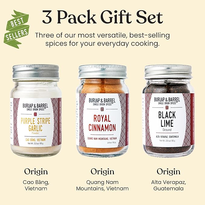 Burlap &amp Barrel 3-Pack Spice Gift Set – 3 Full-Size Jars of Favorite Spices for the Curious Cook – Includes Cinnamon Garlic &amp Lime Seasonings - As Seen On Shark Tank