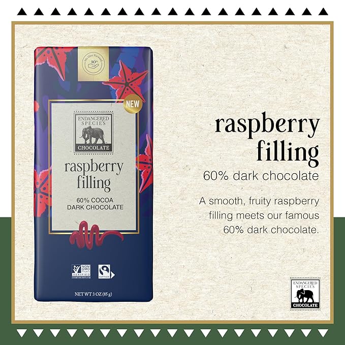 Endangered Species 60% Cocoa Raspberry Filling Dark Chocolate Bar Non GMO 3 Ounces (Pack Of 12)