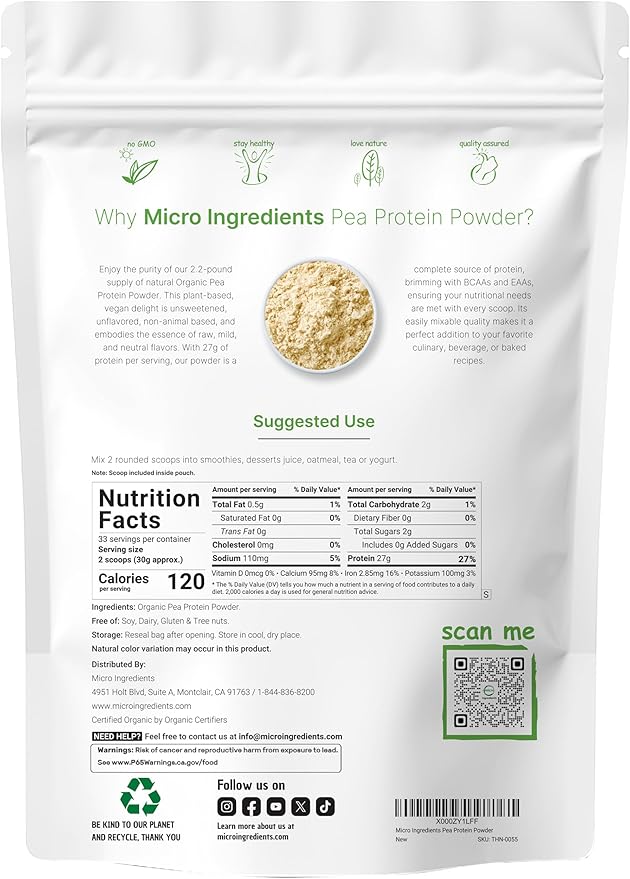 North America Grown Organic Pea Protein Powder 1KG (2.2 Pounds) | Plant-Based Vegan Protein Meatless Protein Supplement Natural Branched Chain Amino Acids | Non-GMO Soy Free