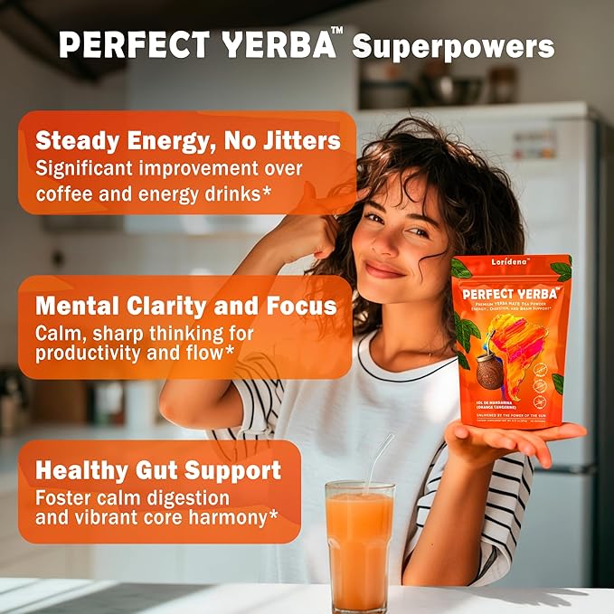 Perfect Yerba Instant Yerba Mate Tea Powder Drink – Orange Tangerine – Clean Energy + Focus + Gut Support (100mg Natural Caffeine Lion’s Mane L-Theanine Prebiotic + Probiotic + Enzymes) – 0g Sugar