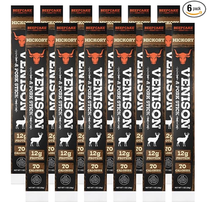 BeefCake Jerky Venison Meat Sticks Hickory Smoked Meat Snack High Protein Snack 12g Protein 70 Calories Real Jerky Style Meat Sticks Protein Snack for Travel Hiking Lunchboxes (12)