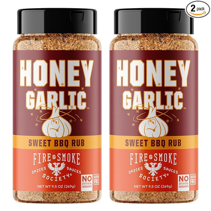 Fire &amp Smoke Society Honey Garlic BBQ Rub | Seasonings for Smoking and Grilling | Pulled Pork Ribs Chicken Burgers Dry Rubs and Spices | Honey Garlic Brown | Large (2-Pack)