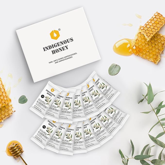 INDIGENOUS HONEY Organic Eucalyptus Honey Natural Raw Pure Unprocessed Added Sugar Free NMR Tested Unpasteurized Unheated 15 Travel Sachets 15g Each Total 225g