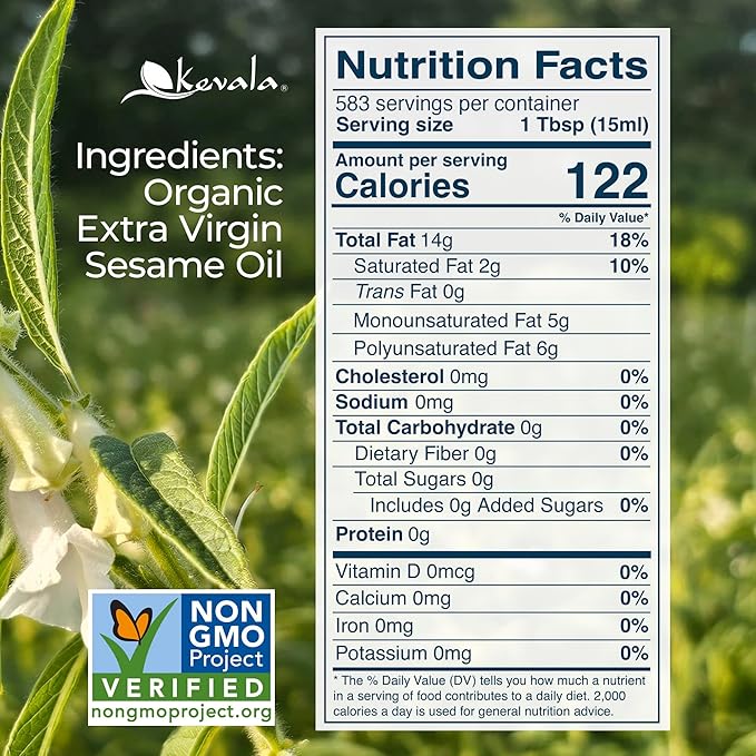 Kevala Organic Extra Virgin Sesame Oil - 17.5 lb – Sesame Seed Organic – Cooking Oil – Cold Pressed - Unrefined