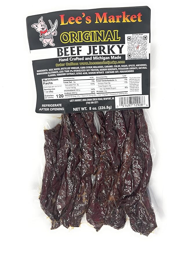 Lee's Market Original Beef Jerky - Soft &amp Tender - Healthy Low Carb Gluten-Free Snack - Paleo &amp Keto-Friendly - Michigan Made Handcrafted Jerky - Speciality Gourmet Meat Snacks - 8oz