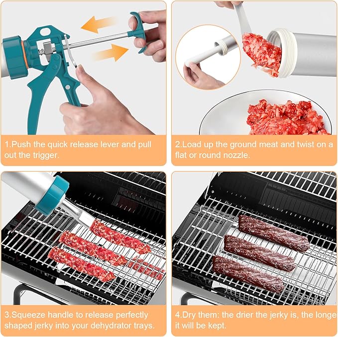 XINQIAO Beef Jerky Gun Sausage Stufffer for Ground Meat Large Aluminum Jerky Cannon Comes with a Bag 4 Nozzles 2 Brushes 1 Funnel 1 Pestle