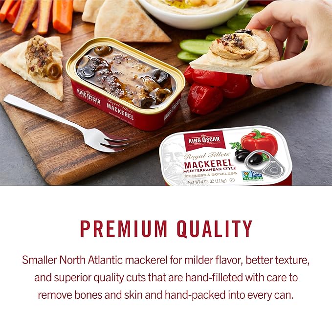 King Oscar Mackerel in Olive Oil with Lemon 4.05 Ounce Cans (Pack of 12 Packaging May Vary) Skinless &amp Boneless Wild Caught Canned Mackerel