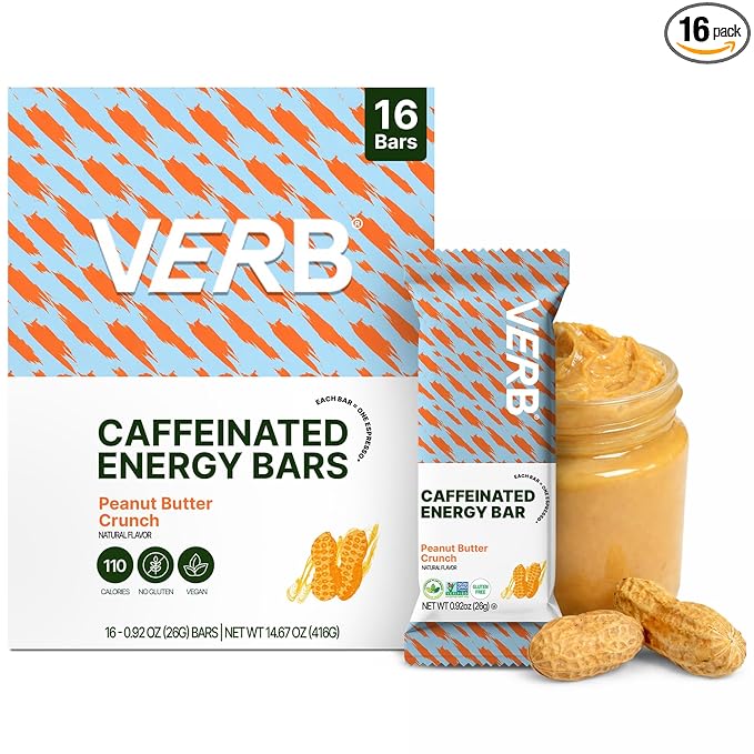 Verb Caffeinated Energy Bars Peanut Butter Cookie (26g Pack of 16) 110-Calorie Delicious Energy Bar - Vegan Gluten Free On-the Go Snack with 80mg Green Tea Caffeine Only Real-Food Ingredients