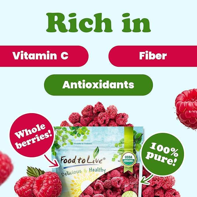 Food to Live Organic Freeze-Dried Raspberries 5 Ounces – Whole Natural Berries No Sugar Added Vegan and Nutritious Snack Perfect for Smoothies and Baking Non-GMO Kosher Bulk