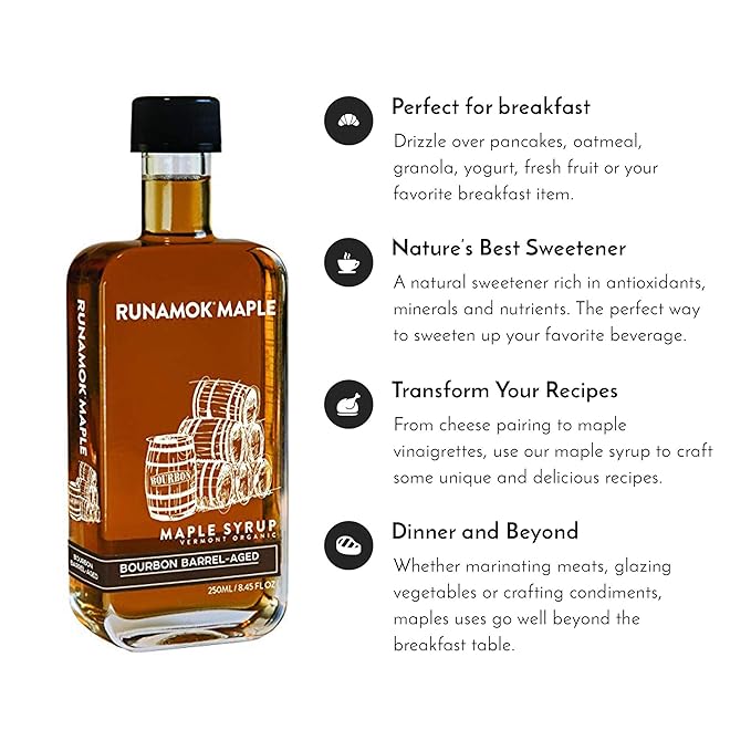 Runamok Organic Bourbon Barrel Aged Maple Syrup - Vermont Maple Syrup Pure Maple Syrup for Cocktails Cheese Pairing &amp Perfect To Be Used As Pancake Syrup Maple Syrup Organic | 8.45 Fl Oz (250mL