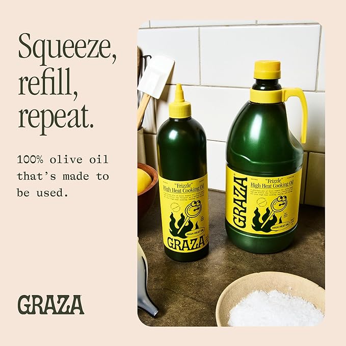 Graza Frizzle High Heat Cooking Oil - Cooking Oil with a High Smoke Point &amp Neutral Flavor in a Squeeze Bottle for Frying Baking &amp Grilling - Oil Made from 100% Olives - 2L (67.6 Fl Oz)