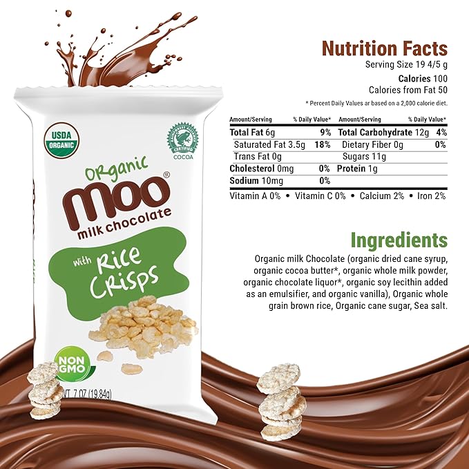 Moo Chocolates Organic Milk Chocolate Mini Bars with Rice Crisps 0.7oz 28 ct (Pack of 2) | USDA Organic Non-GMO | 100 Calorie Snacks for On-the-Go Lunchboxes Office