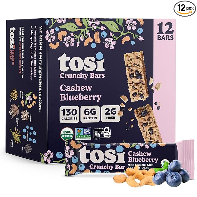 Tosi Nut Bars Cashew Blueberry Healthy Snacks for Adults &amp Kids Plant Based Crunchy Bars (6G Protein) Organic Keto Snacks Vegan Gluten &amp Soy Free Low Sugar Omega 3s 1oz 12-Pack