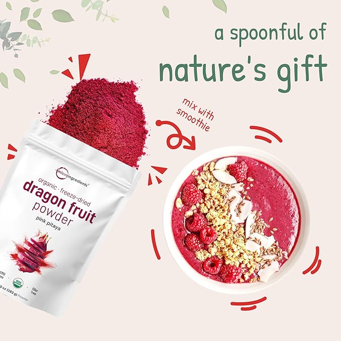 Organic Dragon Fruit Powder 10oz | 100% Natural Fruit Powder | Freeze-Dried Pink Pitaya Source | No Sugar &amp Additives | Great Flavor for Drinks Smoothie &amp Beverages | Non-GMO &amp Vegan Fr
