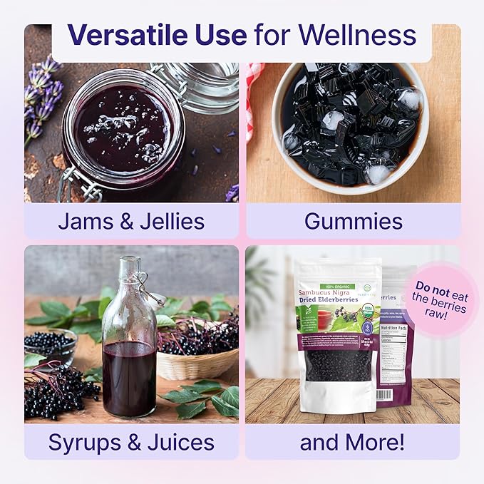 Certified USDA - 100% Organic Dried Elderberries - 1lb Bulk - Non-Irradiated Non-Gmo Whole Black Elderberry Immune Support For Making Elder Syrup Gummies Tea - Raw Vegan Sambucus 1 Pound