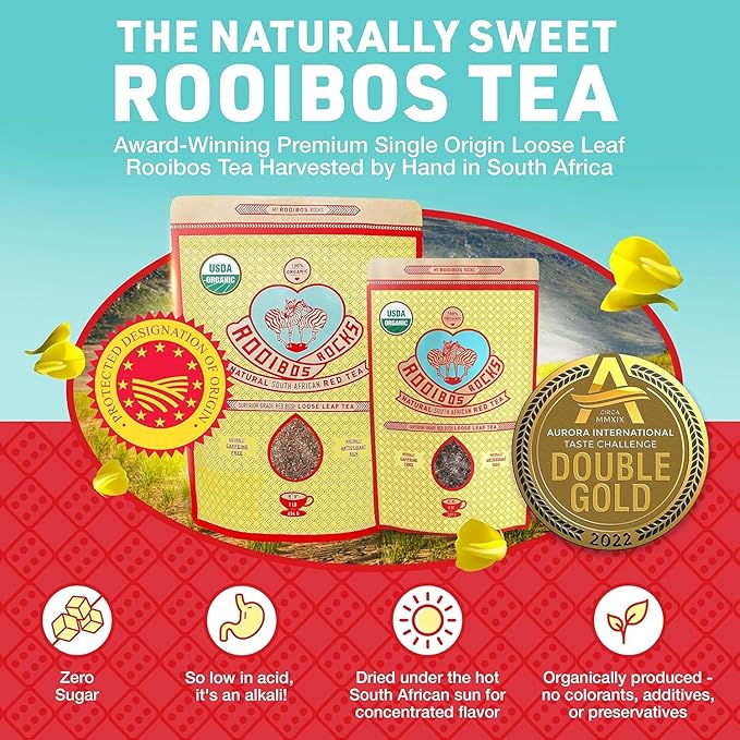 Naturally Sweet Organic Rooibos Tea - 16 oz Premium Loose Leaf - Caffeine Free &amp Sugar Free - Rich in Antioxidants